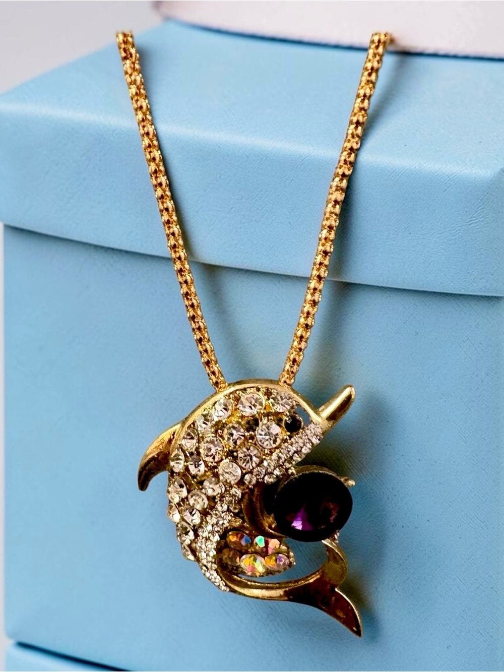 NEW Betsy Johnson Gold Dolphin Crystal Pendant Necklace